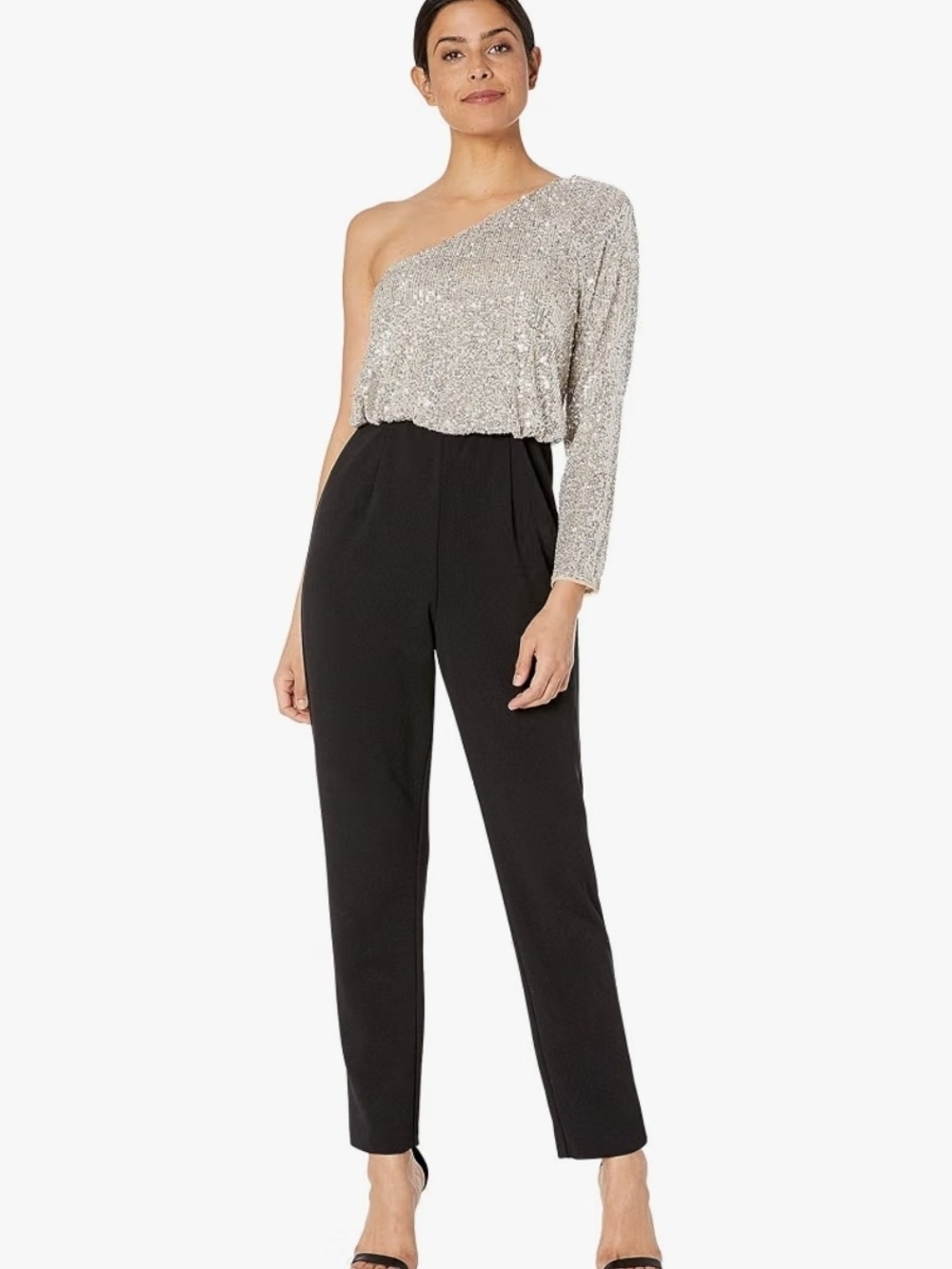 Adrianna Papell Sequin One-Shoulder Jumpsuit Black/Silver 4P Dry Cleaned